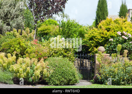 Metal Gate à charmant jardin fleuri avec des roses rose, des arbustes à fleurs, plantes vertes, arbres matures, campagne anglaise sur une journée ensoleillée . Banque D'Images