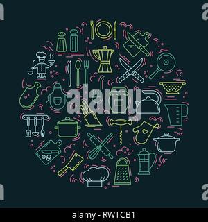 La cuisson à l'amour de l'arrière-plan circulaire d'icônes sur le thème de la cuisine et la cuisson. Illustration de Vecteur
