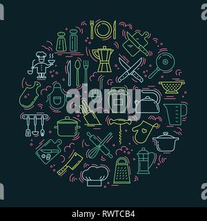 La cuisson à l'amour de l'arrière-plan circulaire d'icônes sur le thème de la cuisine et la cuisson. L'arrière-plan pour la décoration du menu des restaurants et Illustration de Vecteur