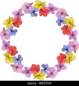 Vector floral Hibiscus fleurs tropicales. L'art d'encre gravée sur fond blanc. Bordure de cadre carré ornement. Illustration de Vecteur