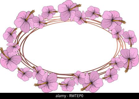 Vector floral Hibiscus fleurs tropicales. L'art d'encre gravée sur fond blanc. Bordure de cadre carré ornement. Illustration de Vecteur