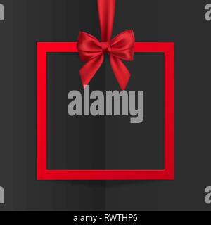 Maison de vacances à cadre lumineux cadeau pendaison bannière avec ruban rouge et bow soyeux sur fond noir. Vector illustration. Illustration de Vecteur