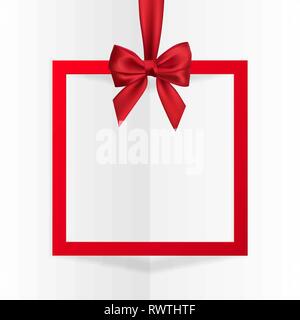Maison de vacances à cadre lumineux cadeau pendaison bannière avec ruban rouge et bow soyeux sur fond blanc. Vector illustration. Illustration de Vecteur