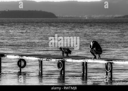 Un dogand une femme sur un quai overa un lac, avec de l'heure d'or light Banque D'Images