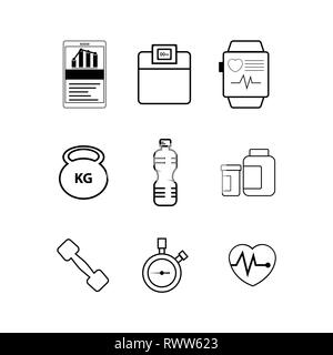 Simple Jeu d'icônes de ligne de vecteur à la forme physique. Contient des icônes telles que l'entraînement, de sommeil, d'un régime alimentaire, des suppléments de sport, la nutrition et plus Illustration de Vecteur