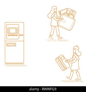 Vector illustration avec deux filles utilisent ATM services. Carte bancaire, porte-monnaie, billet, monnaie. La gestion des finances personnelles. Pour la conception d'affiches, bannières ou prin Illustration de Vecteur