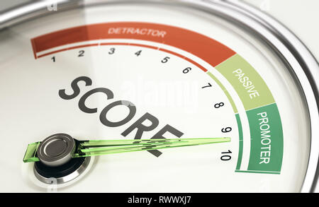 Concept de KPI, Key Performance Indicator, Net Promoter Score manomètre avec une aiguille pointée au promoteur. Banque D'Images