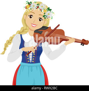 Illustration d'une adolescente avec tête Floral Wreath jouant du violon au milieu de l'été Festival Banque D'Images