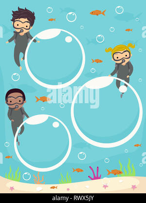 Illustration de Stickman Enfants portant des costumes de plongée sous-marine avec Grand Conseil des bulles Banque D'Images