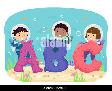 Illustration de Stickman Kids Wearing Scuba Diving Suits debout derrière les coraux ABC Banque D'Images