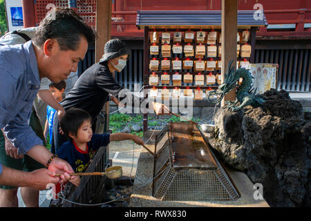 Les gens priant dans le Temple Toshogu dans le parc Ueno à Tokyo, Japon. Rue commerçante Ameyoko, Tokudaiji Temple, qui souhaitent les comprimés Conseil Banque D'Images