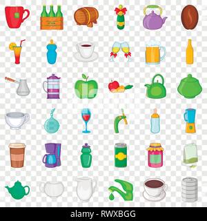 Différentes boissons icons set, cartoon style Illustration de Vecteur