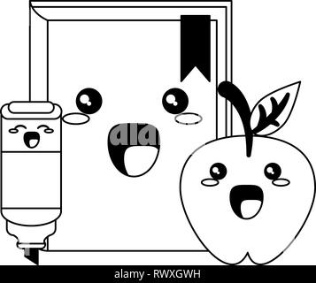 Les ustensiles scolaires kawaii dessins animés en noir et blanc Illustration de Vecteur