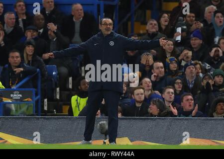 Londres, Royaume-Uni. 7 mars, 2019. Maurizio Sarri manager de Chelsea au cours de la Ligue Europa ronde de 16, premier match de jambe entre Chelsea et Dynamo Kiev à Stamford Bridge le 7 mars 2019 à Londres, Royaume-Uni. Credit : European Sports Agence photographique/Alamy Live News Banque D'Images