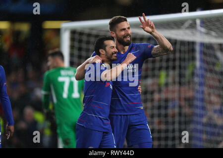 Londres, Royaume-Uni. 7 mars, 2019. Pedro de Chelsea célèbre marqué un but au cours de la Ligue Europa ronde de 16, premier match de jambe entre Chelsea et Dynamo Kiev à Stamford Bridge le 7 mars 2019 à Londres, Royaume-Uni. Credit : European Sports Agence photographique/Alamy Live News Banque D'Images