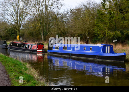 Narrowboats au soleil à l'Hôtel Grand Union Canal, Aston Clinton, España / Frontière Hertfordshire, Angleterre, Royaume-Uni. Mars 2019 Banque D'Images