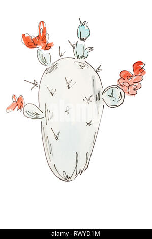 Floraison bleu cactus aquarelle avec contour noir sur fond blanc. Style Skecht Banque D'Images