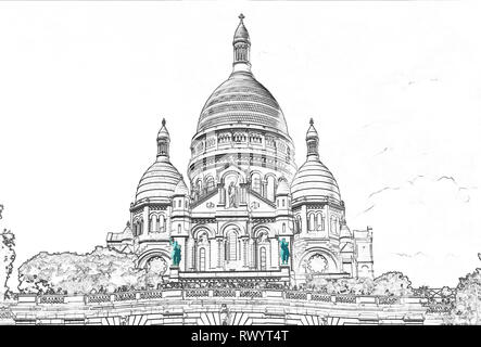 Illustration de la Basilique du Sacré-Cœur sur la Butte Montmartre - Paris Banque D'Images