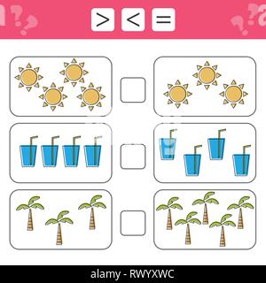 L'apprentissage des mathématiques, des chiffres - choisissez plus, inférieur ou égal. Pour les enfants, les tâches de calcul pour les enfants. Comptez le nombre de points d'été et écrire suite Illustration de Vecteur