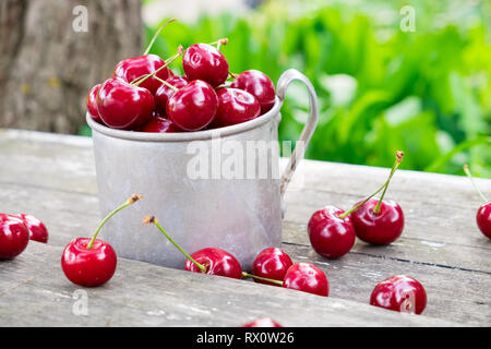 Mug rustique plein de cerises mûres rouges et petits fruits épars sur banc en bois dans son jardin d'été en plein air. Banque D'Images