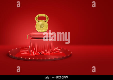 Le rendu 3D de golden kettlebell poids sur coussin rouge et son socle recouvert de tissu rouge sur fond rouge Banque D'Images