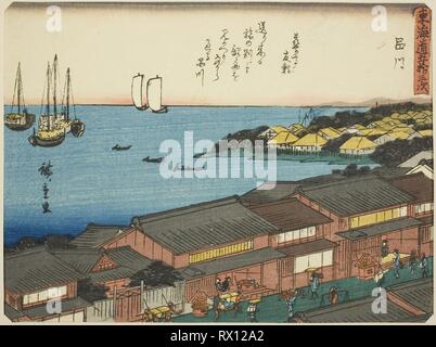 Shinagawa, à partir de la série "Cinquante-trois Stations du Tokaido (Tokaido gojusan tsugi), aussi connu comme le Tokaido avec poème (iri Kyoka Tokaido). Utagawa Hiroshige ? ?  ? ? ; Japonais, 1797-1858. Date : 1832-1847. Dimensions : 17,1 × 23 cm (6 11/16 x 9 1/16 in.). Gravure sur bois en couleur ; chuban. Origine : Japon. Musée : le Chicago Art Institute. Banque D'Images