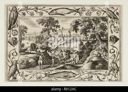 Deer Hunt, de paysages avec des scènes de l'Ancien et du Nouveau Testament et des scènes de chasse. Adriaen Collaert (flamand), ch. 1560-1618) ; après Hans Bol (flamand, 1535-1593) ; publié par Anna van Hoeswinckel (flamand). Date : 1584. Dimensions : 143 × 200 mm (image/soutien primaire, parés à l'intérieur d'une plaque marque) ; 176 × 238 mm (support secondaire). Gravure en noir sur papier vergé crème, fixées sur papier vergé crème. Origine : la Flandre. Musée : le Chicago Art Institute. Auteur : Adriaen Collaert. II Banque D'Images