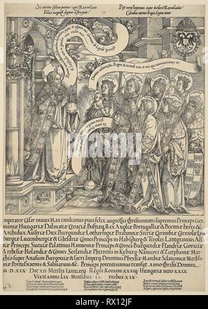 L'Empereur Maximilien Présenté au Christ par son saint patron. Allemand ; ; Pourbus Frans, ch. 1495-après 1522. Date : 1519. Dimensions : 549 × 388 mm. Gravure en noir sur papier vergé crème avec xylographic texte. Origine : Allemagne. Musée : le Chicago Art Institute. Banque D'Images