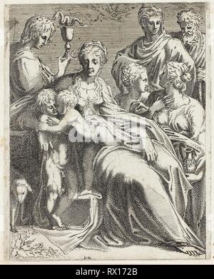 La Sainte Famille avec les Saints. Léon Davent (français, actif 1540-1560) ; après Parmigianino (italien, 1503-1540). Date : 1540-1555. Dimensions : 241 × 194 mm (image) ; 254 × 215 mm (feuille). Eau-forte en noir avec gravure sur papier vergé ivoire, sur vélin crème. Origine : France. Musée : le Chicago Art Institute. Banque D'Images