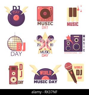 Fête de la musique jeu de vector vintage emblèmes, les étiquettes, écussons et logos. Radio, microphone, casque d'objets dans un style vintage. Illustration de Vecteur