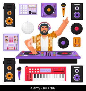 Les jeunes DJ hipster avec mélange de barbe de la musique sur le tourne-disques. Lecture et musique mixage DJ sur le pont. Casque DJ de race blanche en mélangeant la musique à une partie Illustration de Vecteur