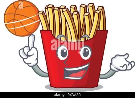 Basket-ball avec des frites au-dessus de bois table de dessin animé Illustration de Vecteur