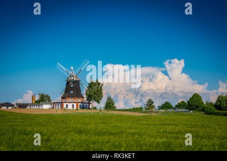 Moulin à ressort derrière un champ de grain Banque D'Images