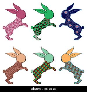 Ensemble de six lapins de Pâques décorés de motifs ornementaux isolé sur le fond blanc, vector illustration Illustration de Vecteur