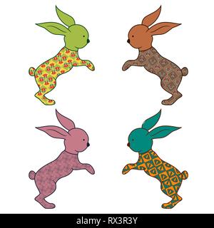 Ensemble de quatre Pâques lapins décoratifs stylisés isolé sur le fond blanc, dessin à la main vector illustration Illustration de Vecteur