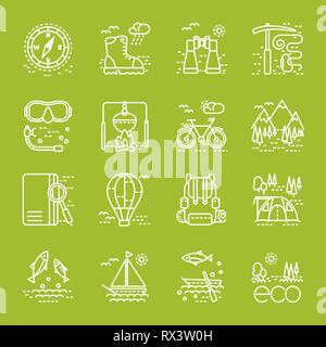 Eco tourisme icons set sur fond vert. Collection d'élément de conception de style de ligne. Peut être utilisé pour la page web, bannière, infographie Illustration de Vecteur