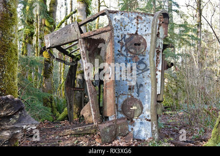 Ancienne carcasse de bus rotten dans une forêt ; Tiger Mountain, WA, États-Unis Banque D'Images