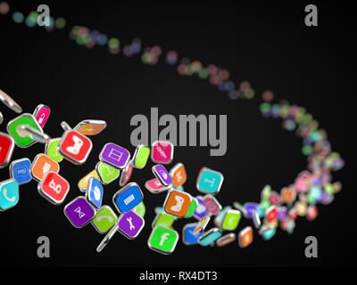 Flux d'icônes d'applications smartphone. 3d illustration Banque D'Images