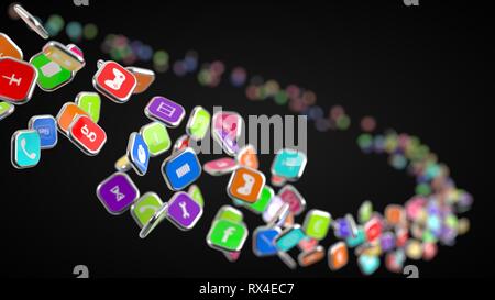 Flux d'icônes d'applications smartphone. 3d illustration Banque D'Images