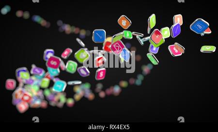 Flux d'icônes d'applications smartphone. 3d illustration Banque D'Images