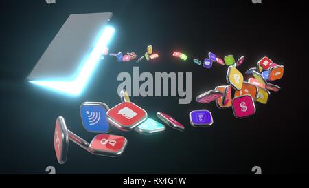 L'extraction d'icônes smartphone à partir de l'écran de smartphone pliable. téléphone et tablette hybride. 3d illustration Banque D'Images