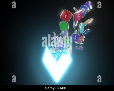 L'extraction d'icônes smartphone à partir de l'écran de smartphone pliable. téléphone et tablette hybride. 3d illustration Banque D'Images