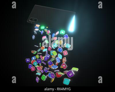 L'extraction d'icônes smartphone à partir de l'écran de smartphone pliable. téléphone et tablette hybride. 3d illustration Banque D'Images