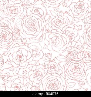 Motif transparent vecteur rose rose avec des fleurs et des feuilles contours sur fond blanc. Ornement floral vintage de fleurs au croquis style. Le printemps Illustration de Vecteur