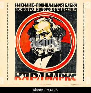 Affiche de propagande soviétique, portrait et citation de Karl Marx, la violence est la sage-femme de chaque nouvelle société, vers 1919 Banque D'Images