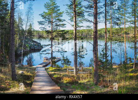 Paysage de forêt idyllique avec Pier et à la lumière du soleil chaude journée d'été en Finlande Banque D'Images