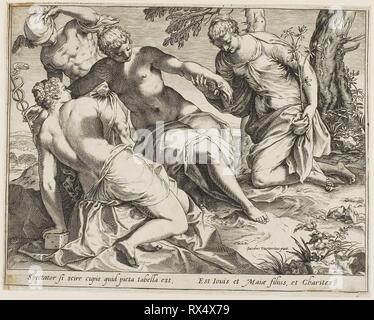 Le mercure et les Grâces. Agostino Carracci (italien, 1557-1602) ; après Jacopo Robusti, appelé Le Tintoret (italien, 1518-1594). Date : 1589. Dimensions : 202 x 258 mm (image) ; 205 x 258 mm (plaque) ; 208 x 258 mm (feuille). Gravure sur papier vergé ivoire. Origine : Italie. Musée : le Chicago Art Institute. Banque D'Images