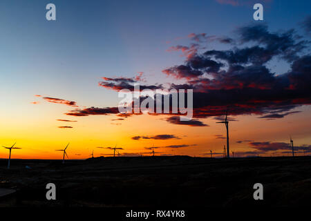 Aug 2017, Xinjiang, Chine. Éoliennes au coucher du soleil à Burqin County au Nord du Xinjiang. Les déserts du Xinjiang, la plus occidentale de la Chine, de l'ar Banque D'Images