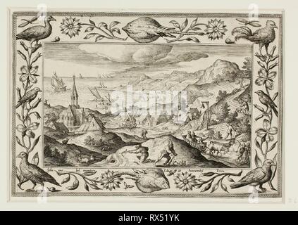 Chasse au lapin, des paysages avec des scènes de l'Ancien et du Nouveau Testament et des scènes de chasse. Adriaen Collaert (flamand), ch. 1560-1618) ; après Hans Bol (flamand, 1535-1593) ; publié par Anna van Hoeswinckel (flamand). Date : 1584. Dimensions : 143 × 200 mm (image/soutien primaire, parés à l'intérieur d'une plaque marque) ; 176 × 238 mm (support secondaire). Gravure en noir sur papier vergé crème, fixées sur papier vergé crème. Origine : la Flandre. Musée : le Chicago Art Institute. Auteur : Adriaen Collaert. II Banque D'Images