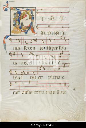 Saint agenouillé devant Dieu trône dans une initiale historiée 'V' d'un Antiphonary. Rimini (Italie), disciple de Neri da Rimini (Italien, actif 1300-1338). Date : 1310-1315. Dimensions : 120 x 115 mm (initial) ; 545 x 385 mm (feuille). Manuscrit de la coupe dans la tempera et feuille d'or, avec gothica Textualis propose des inscriptions en latin à l'encre noire, a décidé à l'encre rouge, et avec d'autres décorations, sur parchemin. Origine : Italie. Musée : le Chicago Art Institute. Banque D'Images